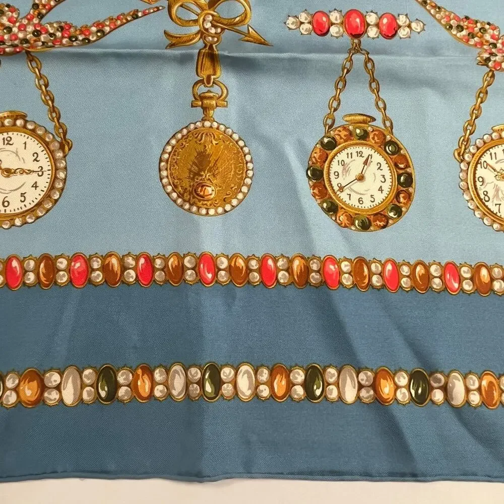 Christian Dior Silk Scarf Jewel & Watch Charm Pattern Blue 34.5